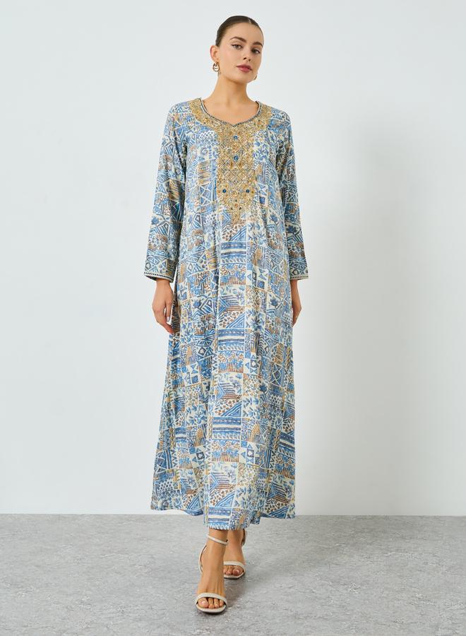 Maxim Creation Blue Printed Embroidered A-Line Jalabiya - Image 2